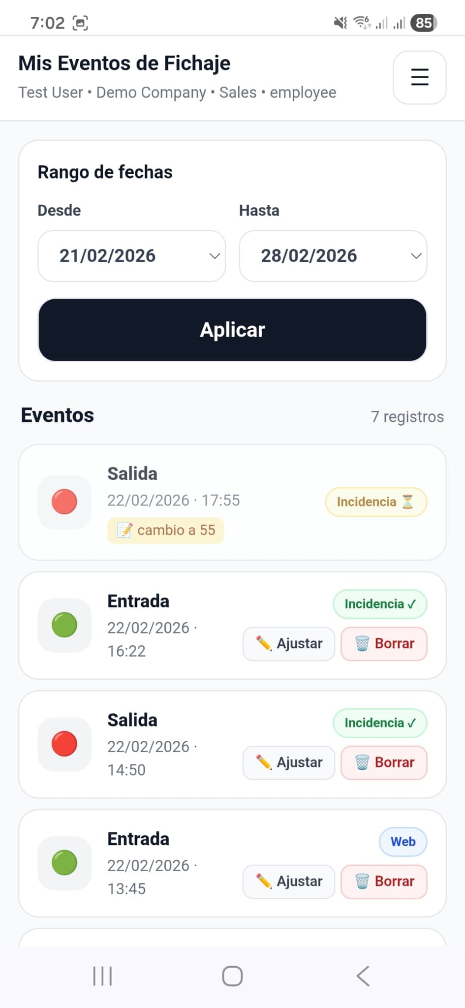 Historial de fichajes — Mis Eventos de Fichaje
